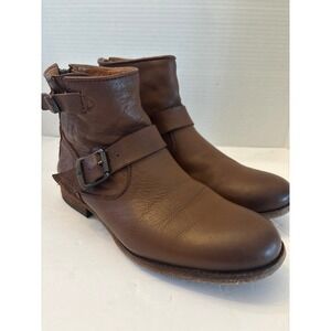 FRYE Women's Brown Leather Ankle Boots Zip Buckle Moto Biker 8.5B